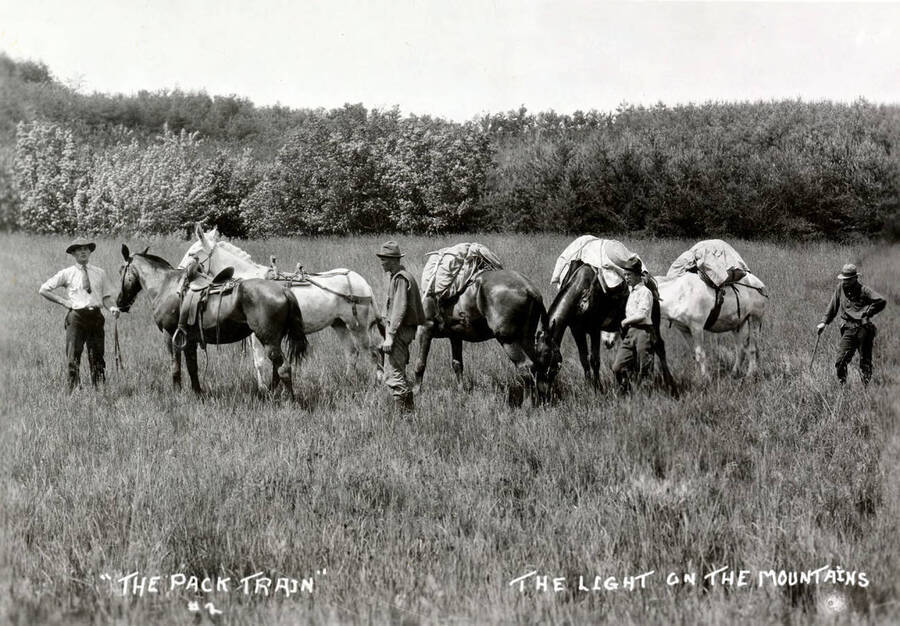 Men pose beside horses carrying goods in the Light on the Mountains pageant. Caption reads: ''The Pack Train' The Light on the Mountains #2.'
