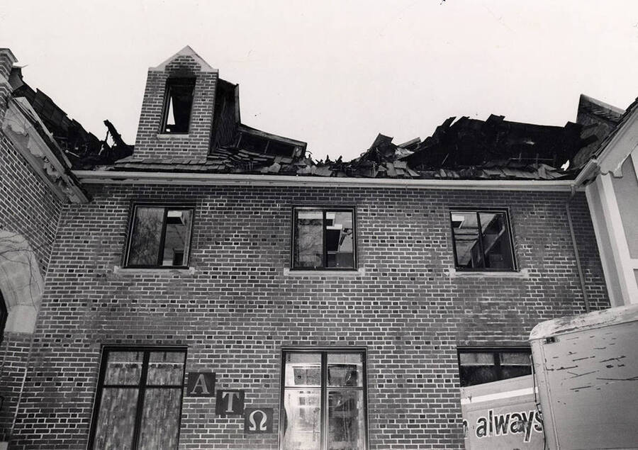 Alpha Tau Omega house on the northwest corner of Deakin and Idaho Streets, after a fire took place on March 6, 1971.