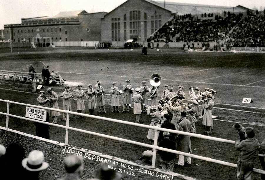 The Idaho pep band plays before a game against Washington State at Rogers Field in Pullman. Caption reads: Idaho Pep Band at W.S.C.-Idaho Game, Nov. 5, 1932.