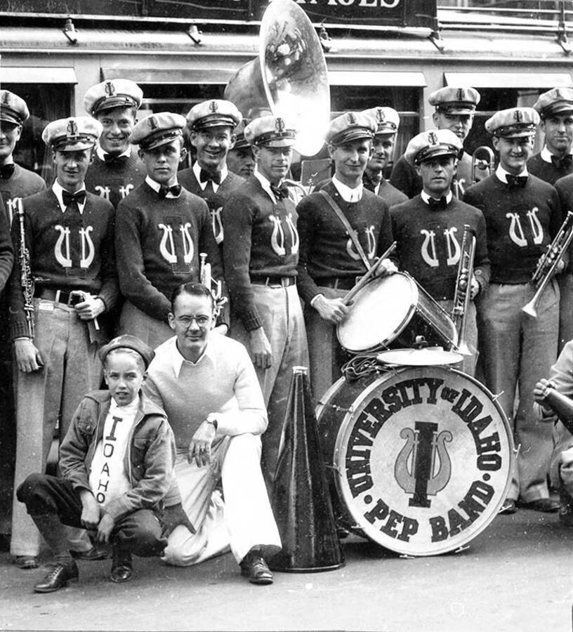 Idaho's pep band poses for a photograph in an unidentified location.