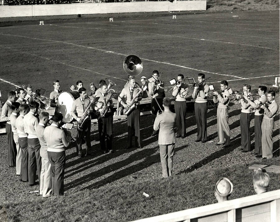 Idaho's pep band plays during a football game at Neale Stadium.