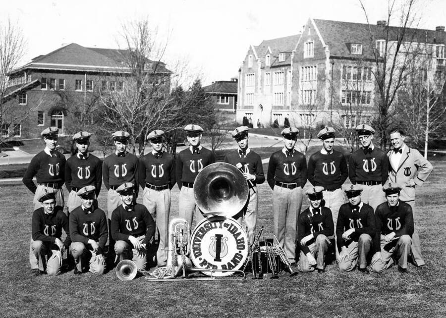 Band leader William Ames is pictured as Idaho's pep band poses on the Administration Lawn for a group photograph.