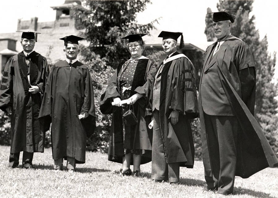 Burton L. French, commencement speaker, Governor Barzilla Clark, Dean Permeal J. French, President Harrison C. Dale, and Richard H. Rutledge, honorary degree recipient, pose after Idaho's commencement.
