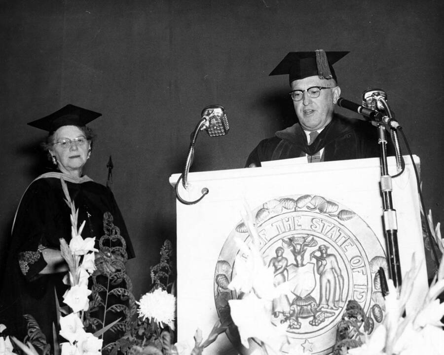Another shot of President Donald R. Theophilus reading the Citation of Merit upon the retirement of Louise Carter, Dean of Women.