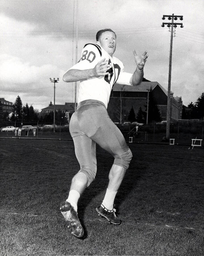 Football player Reg Carolan (end) preparing to catch a ball at the University of Idaho.