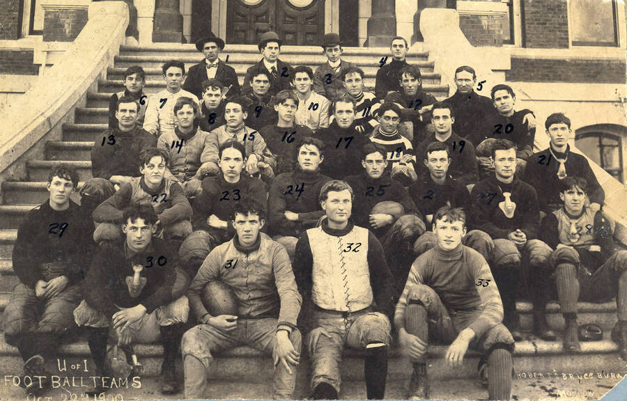 A group picture of the University of Idaho football team. Pictured are: Eagle, Coach Herbold, Smith (manager), Yothers, Lancaster, Simpson, Calkins, Kirkwood, Sheppard, McConnel, Burr, King(?), Mitchell, Gibb, David, Tweedt, Byers, Mix, Martyn, Kays, Smith, Ghormley, Edgett, Gipson, Horton, Snow, Bundy, Barton, Gibb, etc.