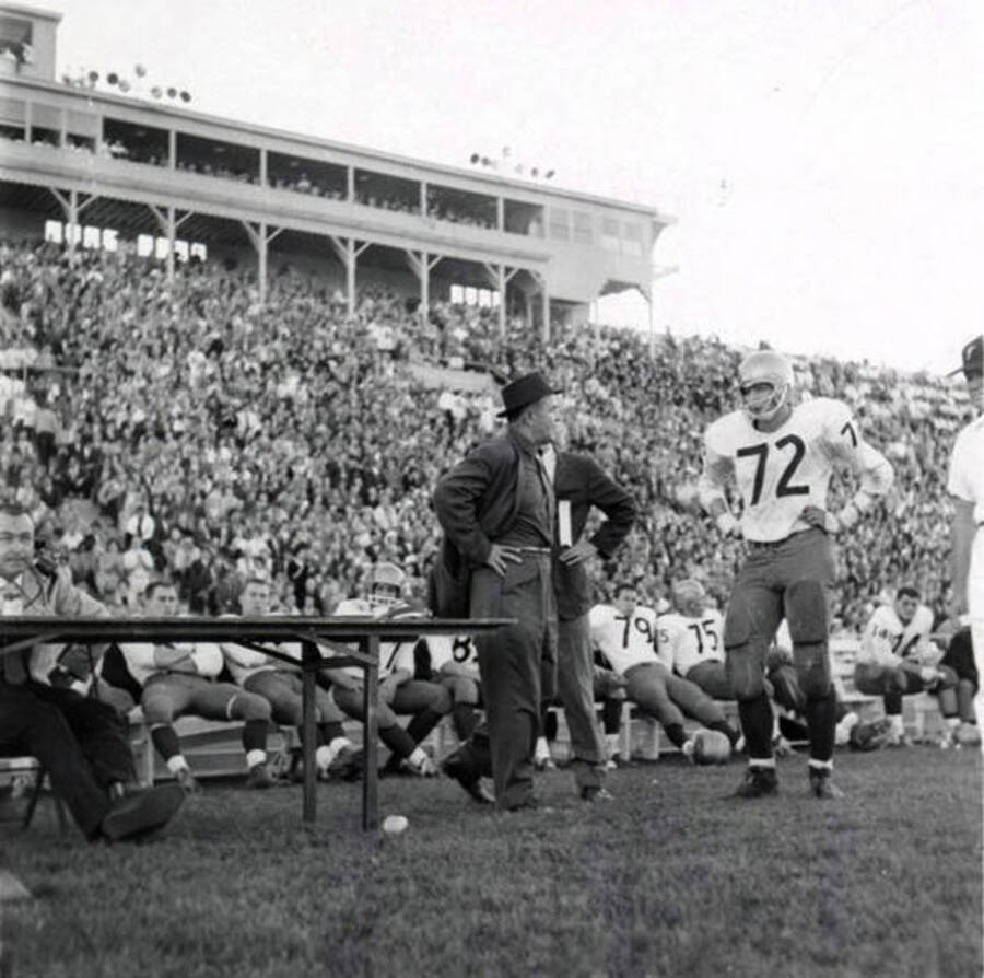 A coach advises a player number 72 during the Idaho vs. Washington State football game at the University of Idaho.