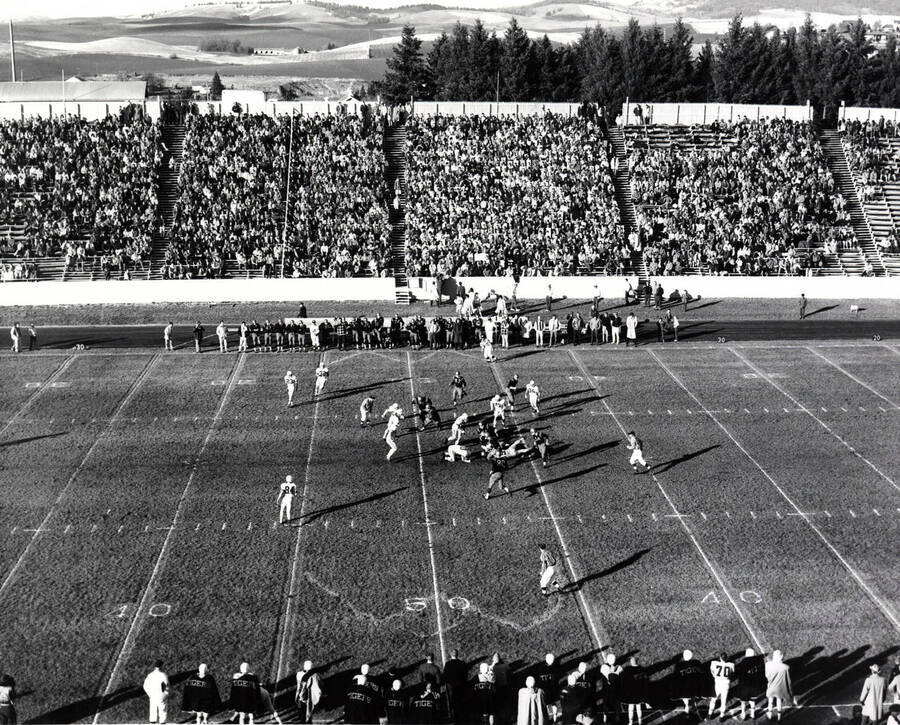 An overhead shot of the Idaho vs. University of the Pacific football game and the Palouse region at the University of Idaho.