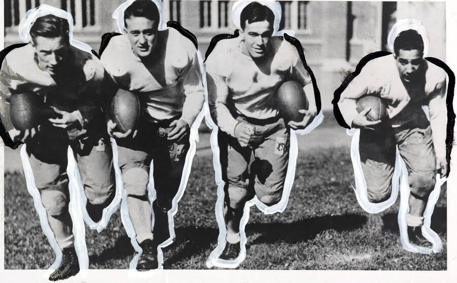 A photo of University of Idaho football players identified from left to right: C. Geraghty, G. Wilson, W. Smith, and G. Plastino running with footballs. The bodies of the players are outlined in white and black.