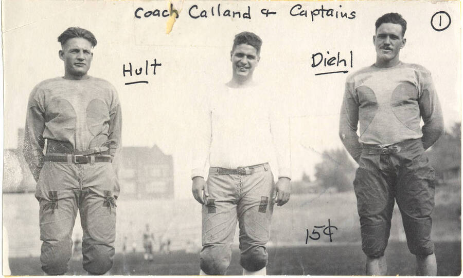 A postcard featuring Idaho head coach from 1929-1934, Leo Calland, and his football captains, lineman captain Gordon Diehl and backfield captain Orville Hult.