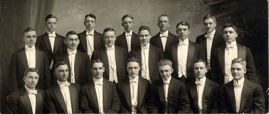 Portrait of the men's glee club. Individuals are unidentified.