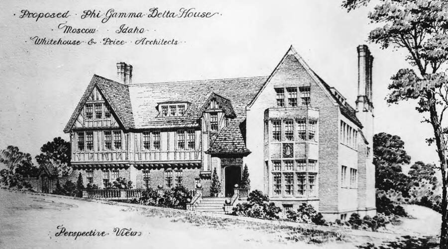 Perspective drawing of proposed Phi Gamma Delta house, drawn by Whitehouse and Price, on northwest corner of University Avenue and Elm Street.