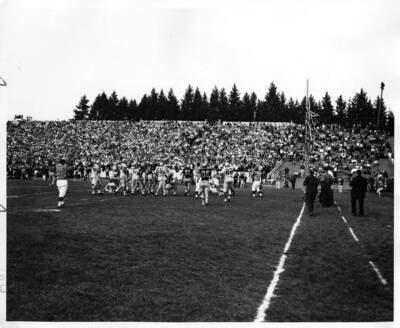 Players walk on the field as a referee makes a call in front of the packed stands during a University of Idaho football game.