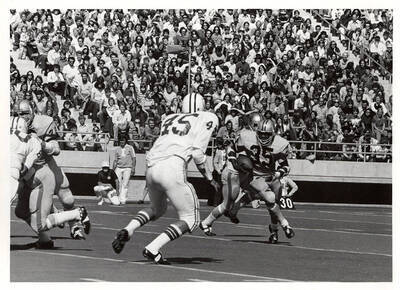 A packed audience watches as the Vandals run towards the defense.