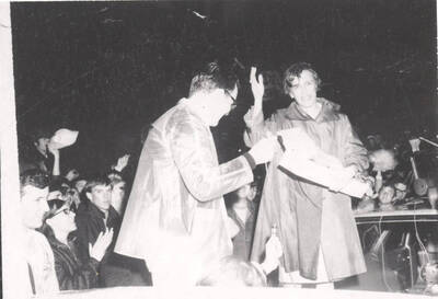 Mrs. Ernest W. (Mary) Hartung waving to the crowd at the Hartung rally.