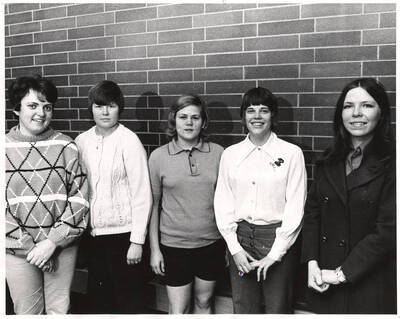 The Executive Board of the Women's Recreation Association pose for a photo together. Pictured: Gay Lunden, Judy Franz, Gail Gay Thwaite, Susan Adams, Sue Peterson. Not Pictured: Karen Stanek.