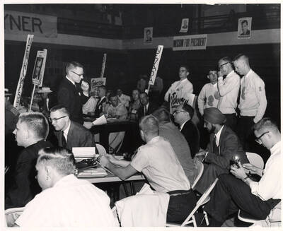 Students in the Associated Students Union hold a mock political convention complete with signs and posters.