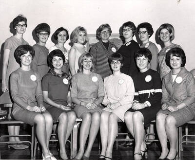 Recipients of Mary Hall Niccolls scholarships from north Idaho pose for a group picture. Individuals identified as listed. Front: Rhonda Hegge, Carol Galano, Susan Stettler, N. Illene Holt, Carol Heimgartner, Sharon Arneberg. Back: Ruth Leonard, Kathleen McDonald, Carol Henriksen, Nancy Germer, Connie Hoffman, Colleen Montal.