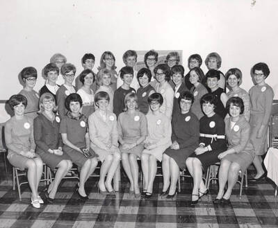 Recipients of Mary Hall Niccolls scholarships from north and south Idaho pose for a group picture. Individuals identified as listed. Front row (left to right): Rhonda Hegge, Diane Amonson, Carol Galano, Landa Ward, Susan Stettler, N. Ilene Holt, Becky Sue Butler, Carol Heimgartner, Sharon Arneberg. Center Row (left to right): Valarie Koestes, Donna Stevens, Kathleen McDonald, Carol Robertson, Cathy Manning, Susan Vogel, Linda Crenshaw, Caolleen Mantal, Connie Hoffman. Back Row (left to right): Sharon Anderson, Sharon Bean, Sally Harris, LuAnn York, Nancy Germer, Nancy Haney.