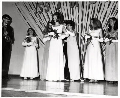 Miss University of Idaho contestants look on as Debra Kay Meyer is crowned Miss University of Idaho.