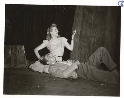 Dorothy Greaves stars as Lady Caroline and Bruce Stucki plays Matey in the University of Idaho's production of 'Dear Brutus.' An ASUI production directed by Jean Collette.