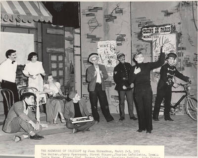Individuals identified on mount. Idaho drama students perform the street singer scene in Jean Giraudoux's play, 'The Madwoman of Chaillot.' An ASUI production directed by Jean Collette.
