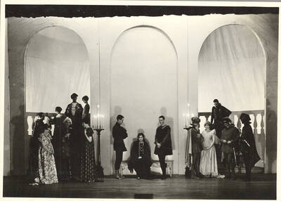 Idaho drama students act out a group scene from "Romeo and Juliet." Adapted by Talbot Jennings, directed by John Cushman in the University Auditorium.