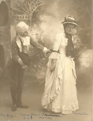 Will Griffin, as Jeremy, tries to talk to Mrs. Hardcastle, played by Nellie Ireton, but she turns away in the University of Idaho's production of "She Stoops to Conquer." Presented by the University of Idaho Dramatic Club and directed by Aurelia Henry.