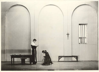 Cameron King as the monk, Kneeland Parker as Romeo and Marie Gauer as Juliet. Romeo and Juliet kneel before Friar Lawrence as he reads the scripture in Idaho drama's production of "Romeo and Juliet." Adapted by Talbot Jennings, directed by John Cushman in the University Auditorium.