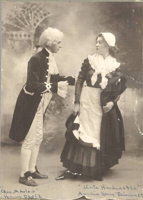 Homer David, as Charles Marlowe, tries in vain to win over Kate Hardcastle, played by Aurelia Henry, in the University of Idaho's production of "She Stoops to Conquer." Presented by the University of Idaho Dramatic Club and directed by Aurelia Henry.