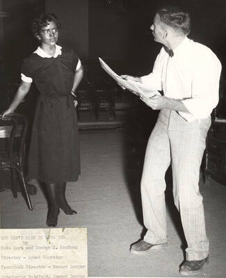 Antoinette Botsford and Howard Dorgan performing together on stage during a drama production of 'You Can't Take It With You'. Summer Theatre in the Field House directed by directed by Agnes Risetter.