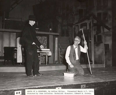 Duane Ness as 'Uncle Ben' and Tom Wright as 'Willy Loman' performing a scene together during a drama production 'Death of a Salesman'. ASUI production in the University Auditorium and directed by Jean Collette.