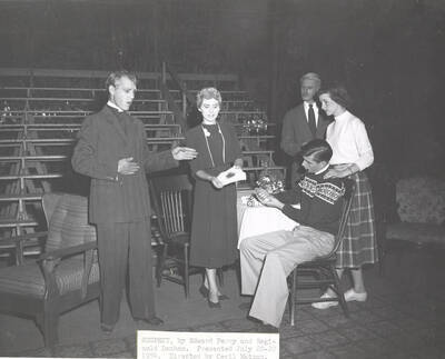 L-r: Marvin Alexander, Nancy McDonald, Larry Hyer, Don Huidoff and Karen Lee Krauss. 'Suspect,' directed by Cecil Matson for Summer Theatre in the Field House.