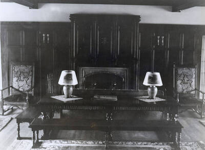 Interior of the Beta Theta Pi house on the northwest corner of Idaho and Elm Streets.