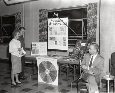 Students look at the College of Letters and Science display in the Lobby and Information Center during the open house after completion of the third addition to the Student Union Building.