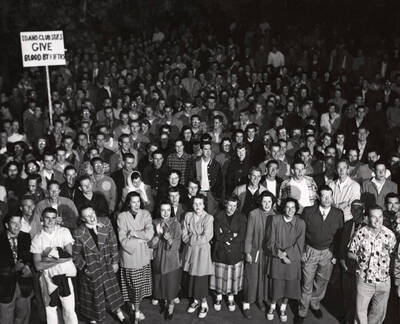 Students gathered for a pep rally in connection with Red Cross Blood Drive.
