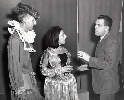 Fred Rauch as Sir Andrew and Michael Sheehy as Viola in drama production of "Twelfth Night" receive notes from director Forrest Sears. "Twelfth Night"  a Trouper's Theatre touring show, was also staged in the University Auditorium.