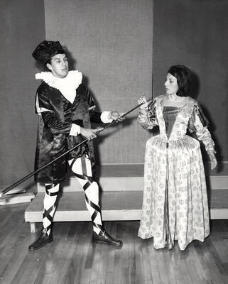 Michael Sheehy as Viola in drama production of "Twelfth Night," directed by Forrest Sears. "Twelfth Night"  a Trouper's Theatre touring show, was also staged in the University Auditorium.