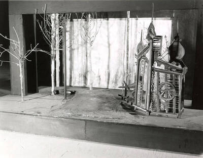 Model of the set of the University of Idaho drama production of "Cherry Orchard." This production was directed by Forrest Sears in the University Auditorium. The set was designed by Gary Schattschneider.