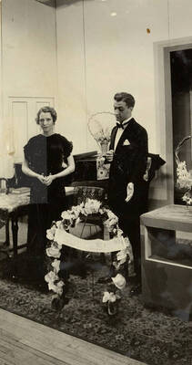 Scene from the University of Idaho drama production of "Torch Bearers." Directed by Fred Blanchard, Technical Director Theodore Prichard. Members of the cast include Catherine Brandt as Mrs. J. Duro Pampinelli, Grace Eldridge as Mrs. Nelly Fell, Marthalene Tanner as Mrs. Paula Ritter and Leland Cannon as Fred Ritter.