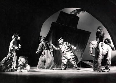 Scene from the University of Idaho drama production of "Noah." This production was directed by Jean Collette. The actors can be seen dressed in animals costumes.
