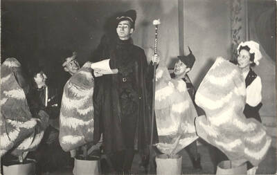 The ASUI production of "Twelfth Night." Jack Hoag as Sir Andrew, Richard Pennell as Sir Toby, Harry Dalva as Malvolio, Dale Kassel as Fabian, Bette West as Maria. Directed by Jean Collette in the University Auditorium, costumes by Marion Featherstone.