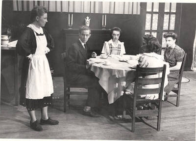 Marie Chaney as Abby, Ralph Joslyn as Dr. Haggett, Mary Lou Jones as Susan Haggett, Meredyth Bowler as Ada Haggett, Grace Lillard as Mrs. Haggett in the ASUI production of "The Late Christopher Bean." Directed and designed by Jean Collette.