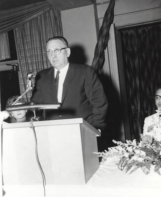 State representative George Crookham issues the principal speech at the 37th National Convention of Intercollegiate Knights, a national honorary service organization.