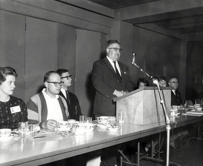 Gale Mix speaks at the 37th National Convention of the Intercollegiate Knights, a national honorary service organization.