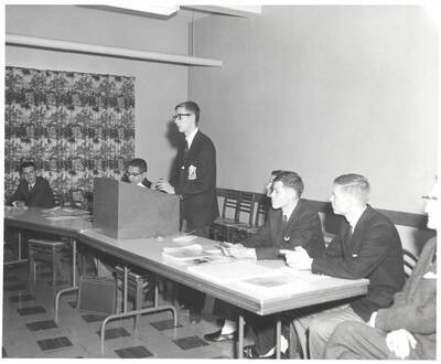 Members of the Intercollegiate Knights participate in a presentation series during the 37th National Convention in Moscow, Idaho. The 37th National Conference was jointly hosted by Washington State College and University of Idaho chapters.