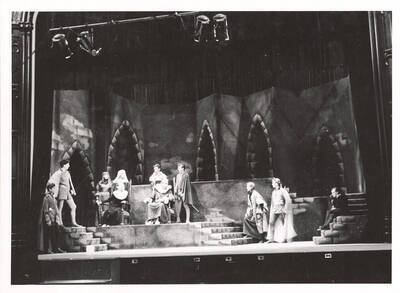 The ASUI production of 'Hamlet.' Individuals identified from left to right: Gary Thomas, David Burgess, Jean Bales, Doris Moore, Jo Magee, Clyde Winters, Jack Rudfelt, Harry Brenn, Frank Miles, Tom Wright, Fred Burton. Directed by Jean Collette, costumes by Joan Coble (Judy Chavez) in the University Auditorium.