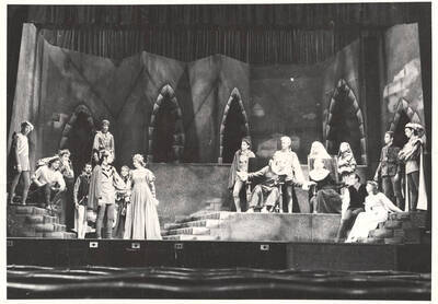 The ASUI production of 'Hamlet.' Individuals identified from left to right: Gary Thomas, David Burgess, Jean Bales, Doris Moore, Jo Magee, Clyde Winters, Jack Rudfelt, Harry Brenn, Frank Miles, Tom Wright, Fred Burton.  Directed by Jean Collette, costumes by Joan Coble (Judy Chavez) in the University Auditorium.