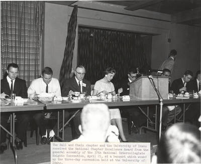 Attendees of the 37th National Convention of the Intercollegiate Knights, a national honorary service organization, gather for a closing day banquet in the Student Union Building ballroom.