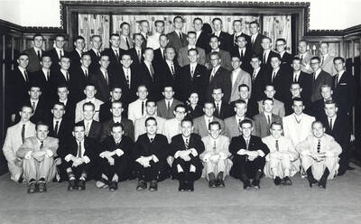 Group picture of Beta Theta Pi. Front row L-R: Bob Hemlick, Bob Livingston, Kendall King, Tim Daley, Clair Kanaston, Mike Boles, Bill Stowe, David Munn, Ed Kale. Row 2 L-R: Bob Kopke, Neal Newhouse, Lee Griffin, Lance Johnson, Art Lindemer, Jim Golden, Garth Brown, Gale Conrad, Lauri Fowler, Joe Komen, Jim Richel. Row 3 L-R: Frank Cammack, Brent Burningham, Tom Ratcliffe, Dick Wyatt, Jerry Gneckow, Bill Deal, Mrs. Cummins, Mike Patton, Norm Howse, Dave Eskelin, Bill Boyce, Rich Kalferd. Row 4 L-R: Wiley Wagner, Tom Reveley, Tom Rudy, Skip Ward, Tim Green, Tom Scharf, Reg Corolan, Ron Lichau, Pat McQuade, J.S.G., Jon Nilson, Bruce Cairns, Bruce McCowan, Stu Robertson, Dave Maxey, Barry Thielke. Row 5 L-R: Denny McLean, Ron Hunt, Lee Miller, Herb Carlson, Gordon Gray, Don Modie, Knute Westergren, John West, John Arduser, Jack Little, Gorden Fowler, Danny Langdon, Grahm Knox, Mike Killien. Row 6 L-R: Randy Litton, Larry Parberry, Arny Skov, Burt Allen, Bob Hansen, Kent Hove, Stan Pierce.